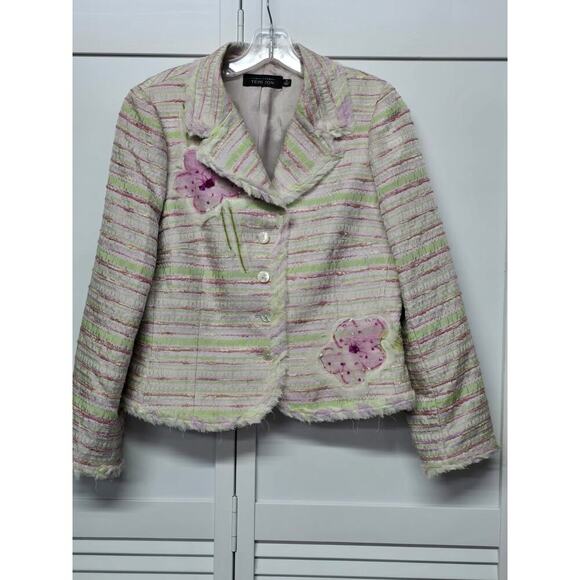 Rickie Freeman Teri Jon Pretty Pink Green White Stripes Frayed Hem Beaded Size12 - Picture 1 of 8